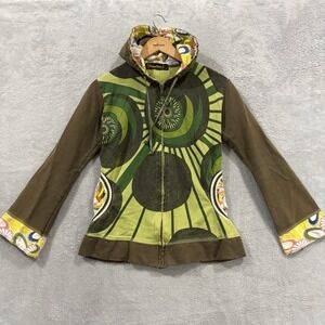 Luna Claire Full Zip Hoodie Women S Green Y2K Floral Hippie Boho Indie Mandala